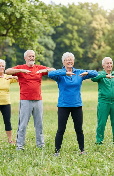 Aktuelle_Gesundheitskurse_02_KI_1500px Eine Gruppe von vier lächelnden Senioren, zwei Männer und zwei Frauen, führt in einem sonnigen Park Dehnübungen durch. Sie stehen in einer Reihe im Gras und strecken die Arme parallel zum Boden nach vorne. Der Mann in der Mitte trägt ein rotes T-Shirt, die Frau rechts eine blaue Fleecejacke. Im Hintergrund sind grüne Bäume zu sehen.